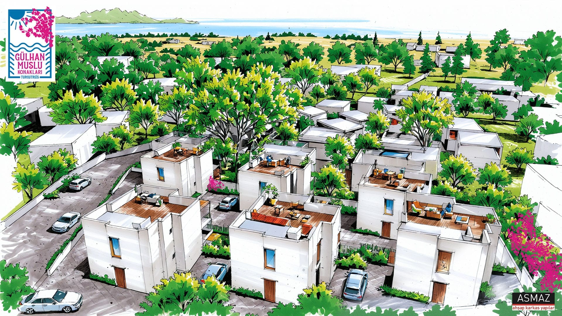 Gülhan Muslu Konakları proje render, deniz manzarası